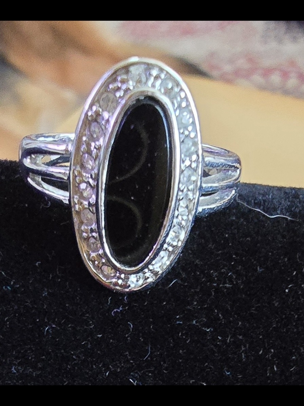 Silver Oval Black Stone R7ing with Crystal Halo